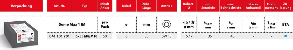 TOX Sumo Max 1 IM 6x35 Betonschraube mit Innengewinde Stahl verzinkt 50 Stk.