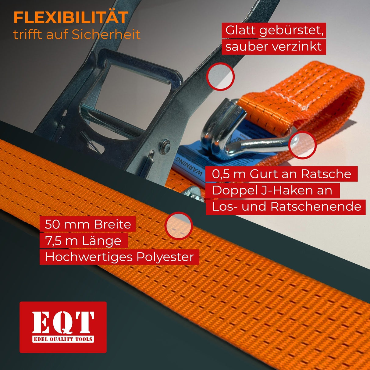 EQT 4 Stück 5000kg 8m Spanngurte mit Ratsche und Haken zweiteilig