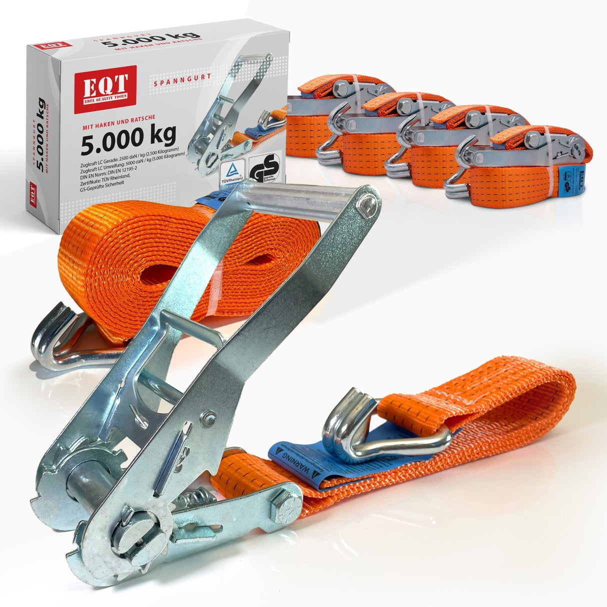 EQT 4 Stück 5000kg 8m Spanngurte mit Ratsche und Haken zweiteilig