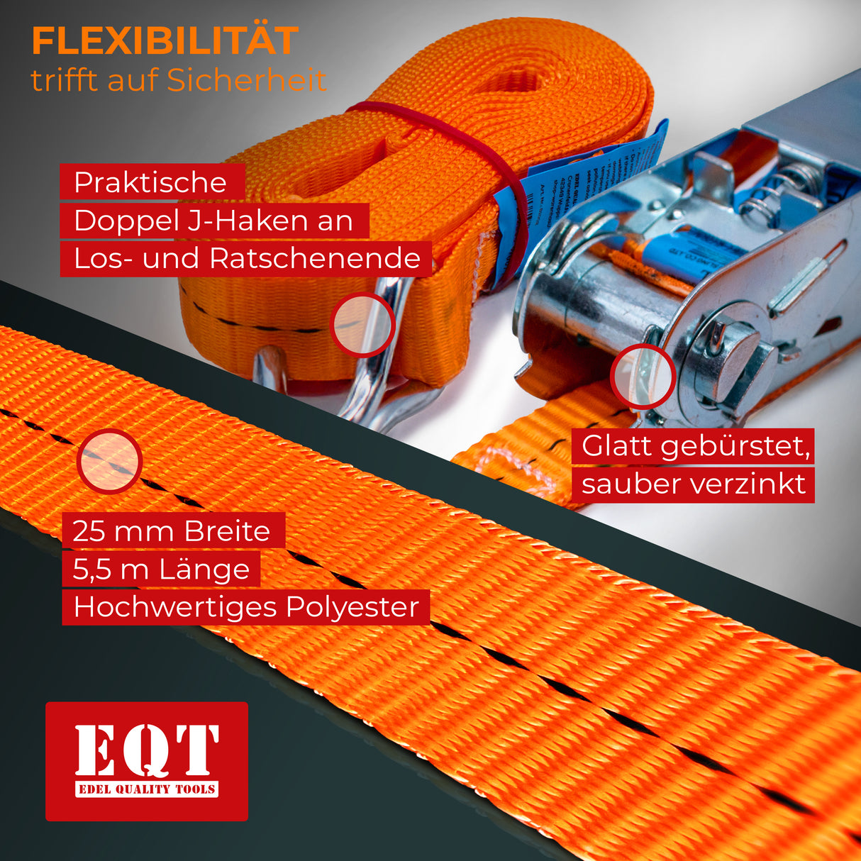 EQT 10 Stück 800kg 6m Spanngurte mit Ratsche und Haken zweiteilig