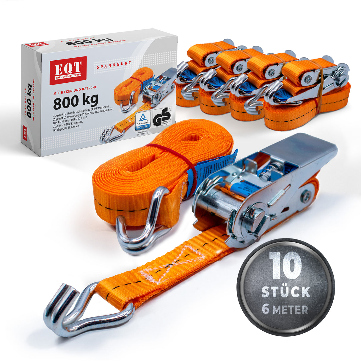 EQT 10 Stück 800kg 6m Spanngurte mit Ratsche und Haken zweiteilig