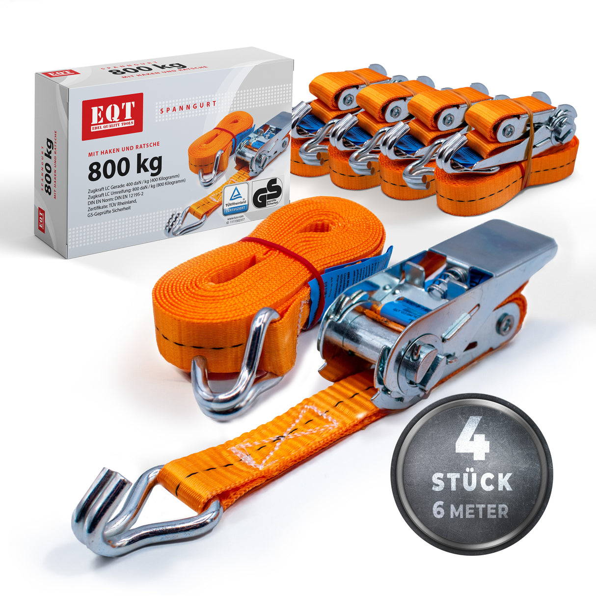EQT 4 Stück 800kg 6m Spanngurte mit Ratsche und Haken zweiteilig