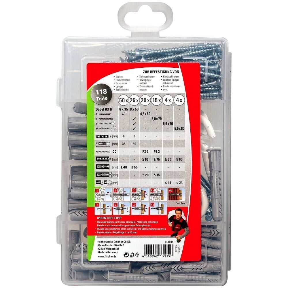 Fischer Meister-Box Dübel UX / UX R mit Schrauben und Haken 118 teilig Sortiment