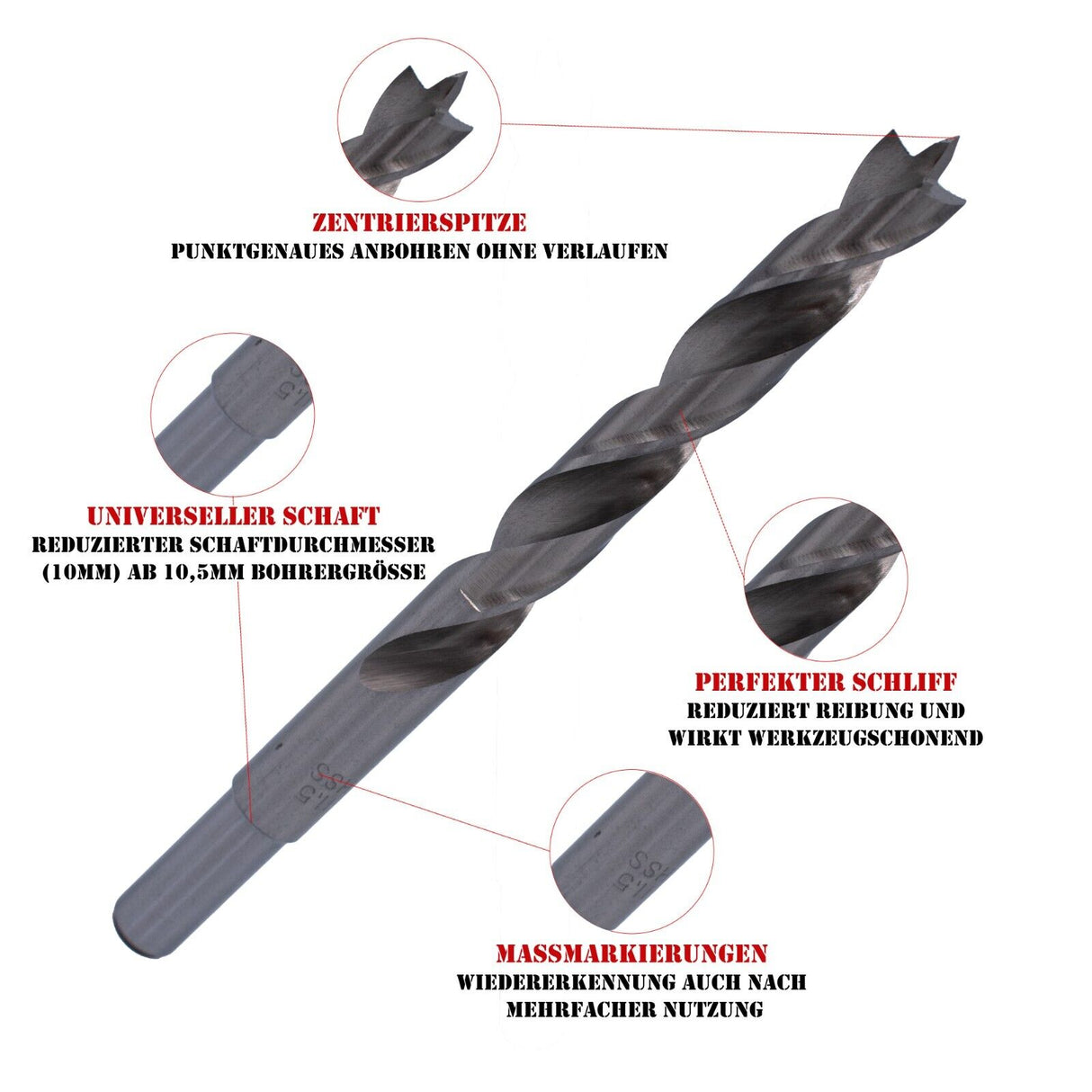 EQT HSS-G Holzbohrer Set 8-tlg. 3 bis 10 mm in 1mm Schritten Bohrer