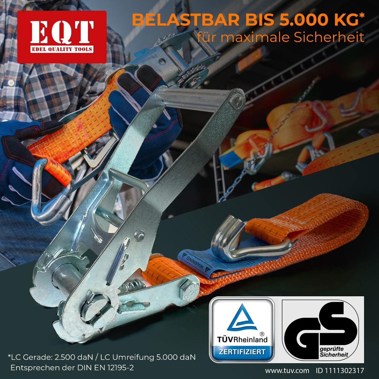 EQT 4 Stück 5000kg 8m Spanngurte mit Ratsche und Haken zweiteilig