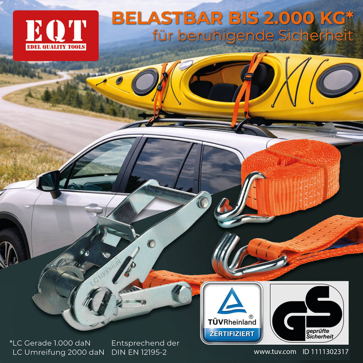 EQT 2 Stück 2000kg 4m Spanngurte mit Ratsche und Haken zweiteilig