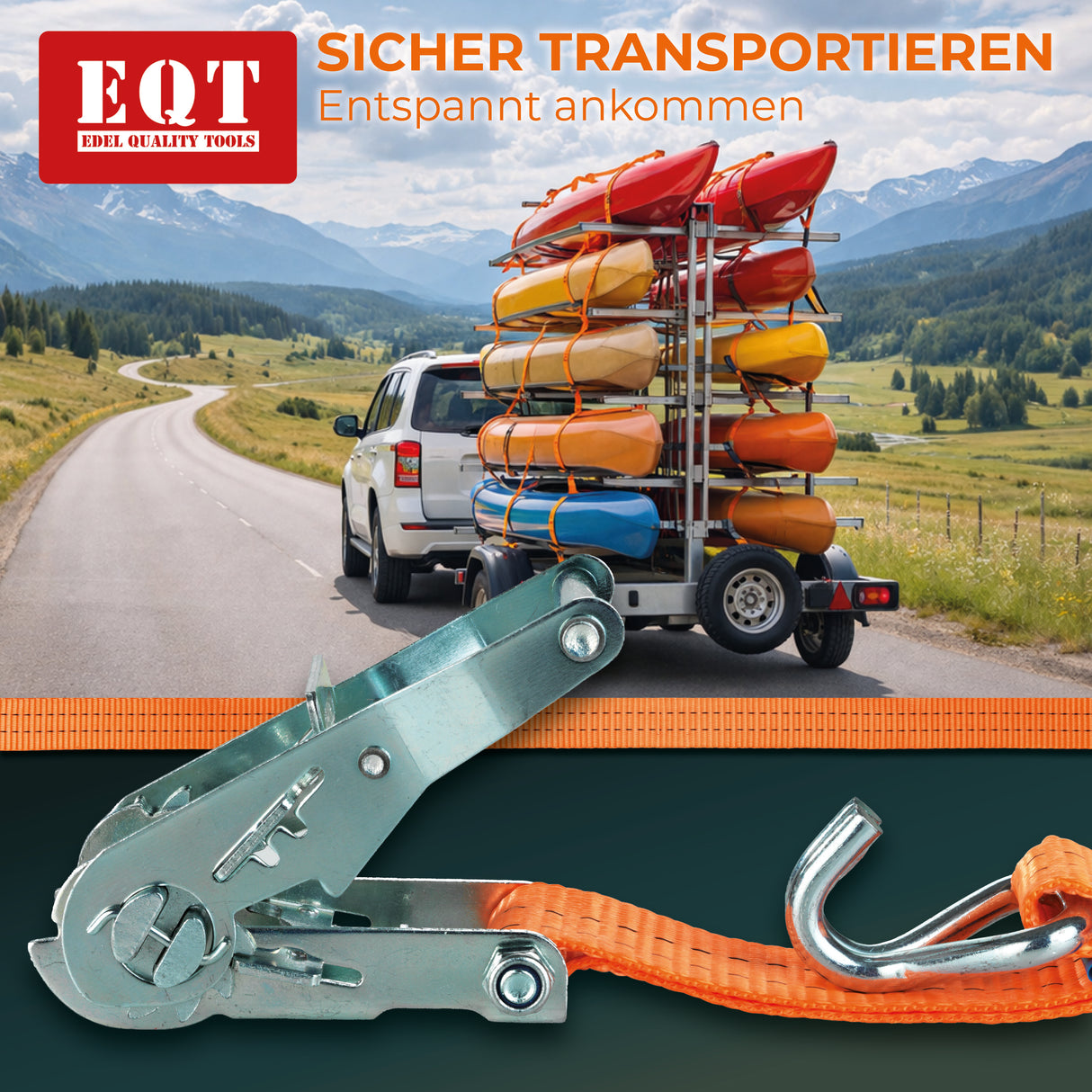EQT 2 Stück 2000kg 4m Spanngurte mit Ratsche und Haken zweiteilig