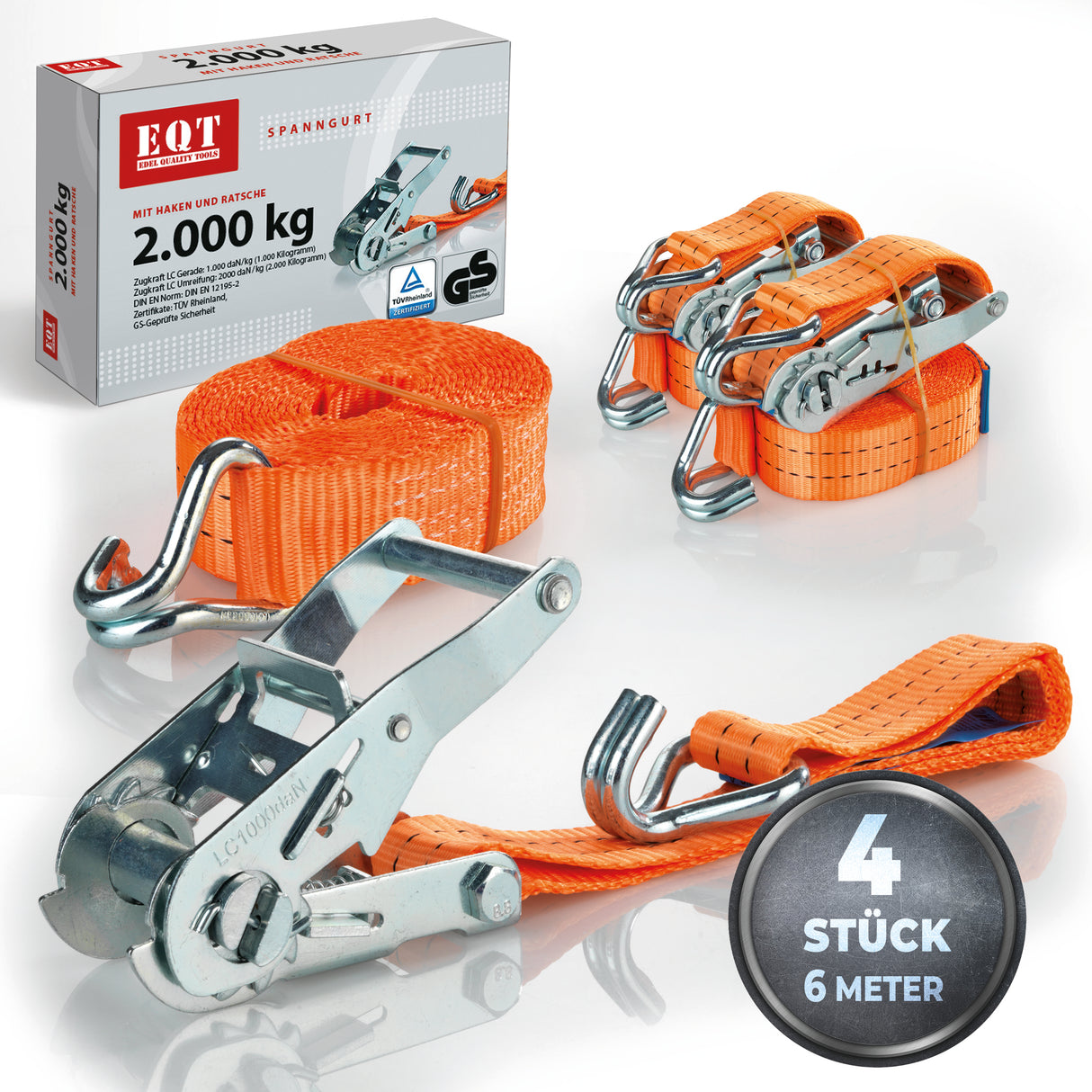 EQT 4 Stück 2000kg 6m Spanngurte mit Ratsche und Haken zweiteilig