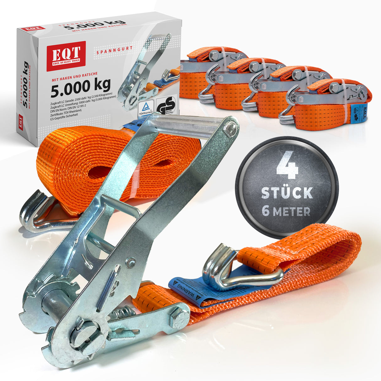 EQT 4 Stück 5000kg 6m Spanngurte mit Ratsche und Haken zweiteilig