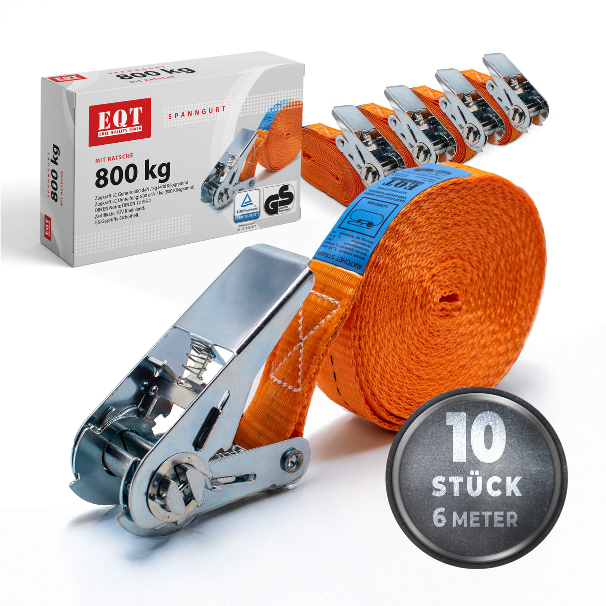 EQT 10 Stück 800kg 6m Spanngurte mit Ratsche einteilig
