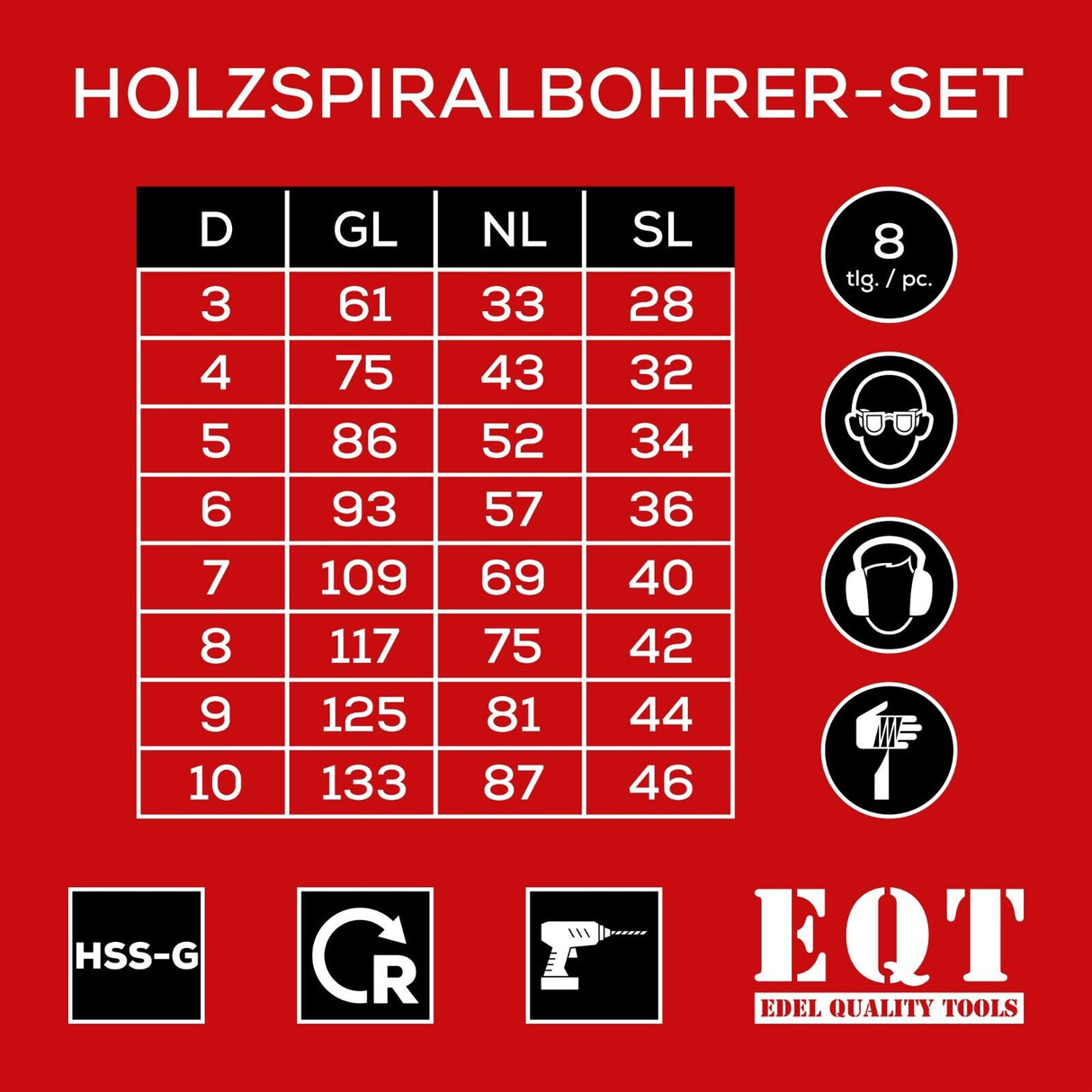 EQT HSS-G Holzbohrer Set 8-tlg. 3 bis 10 mm in 1mm Schritten Bohrer